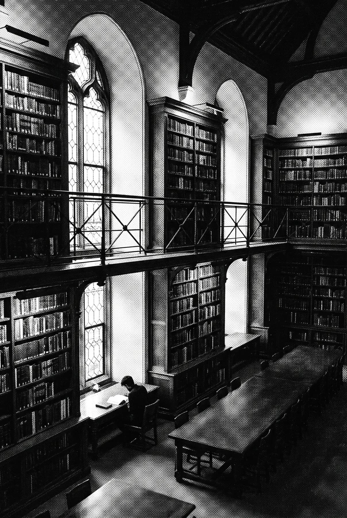 Scaffali di un archivio con documenti e volumi, in bianco e nero ad alto contrasto.